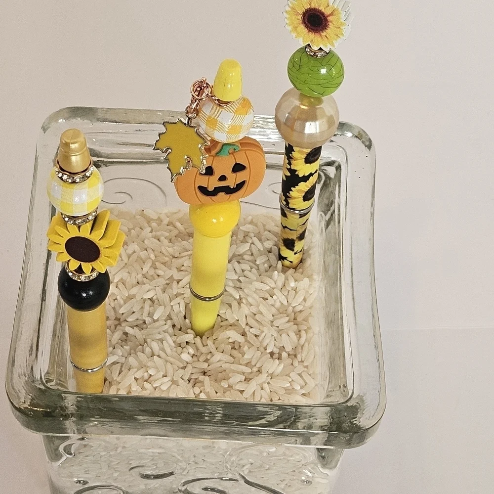 Hand Crafted Halloween Pens Fall & Floral Beaded Set of 3 Ballpoint Black Ink 6